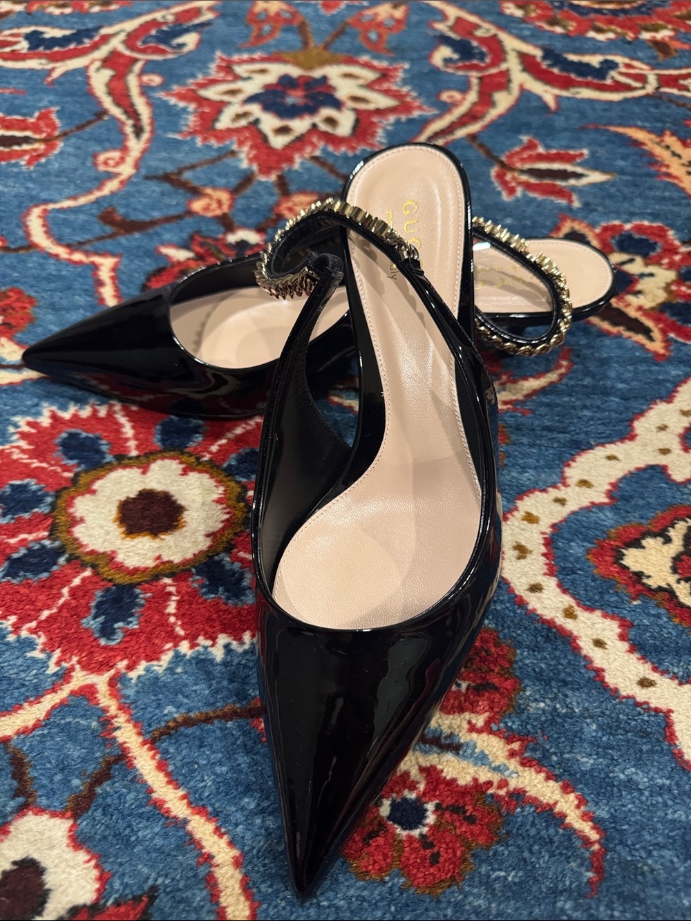 Gucci Black Patent Pointed-Toe Slingback Heels with Gold Chain Accent